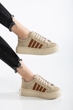کفش اسنیکر بژ زنانه بند دار MY GROSS SHOES - کد 901595575