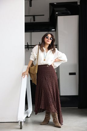 دامن قهوه ای زنانه بافتنی Özge Özgenç - کد 930044001