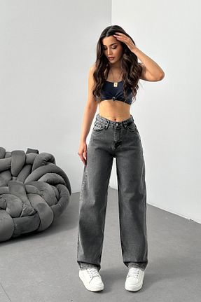 شلوار جین طوسی زنانه پاچه پهن BİKELİFE - کد 890296988