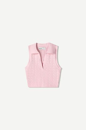 تیشرت صورتی زنانه یقه دگاژه Bershka - کد 930539117