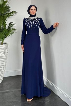 لباس مجلسی حجاب سرمه ای یقه ایستاده MERVEN AKYÜZ - کد 930531482