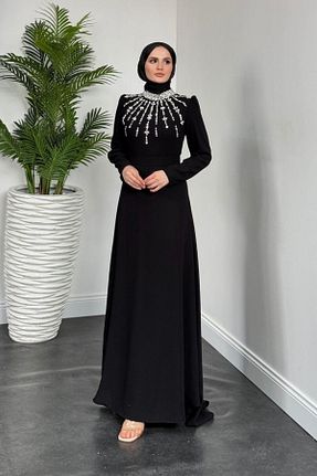 لباس مجلسی حجاب مشکی یقه ایستاده MERVEN AKYÜZ - کد 930531740