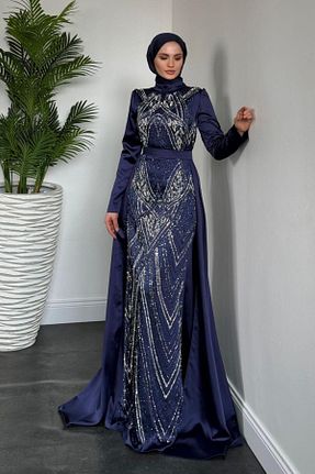 لباس مجلسی حجاب سرمه ای یقه ایستاده MERVEN AKYÜZ - کد 930531555
