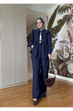 ست بالاتنه و پائین تنه سرمه ای زنانه بافتنی Aselim Hijap Moda - کد 930587564