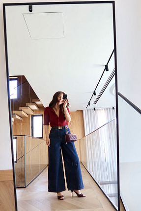 شلوار جین سرمه ای زنانه پاچه گشاد Özge Özgenç - کد 930986196