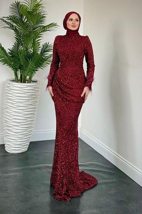 لباس مجلسی حجاب زرشکی زنانه یقه ایستاده MERVEN AKYÜZ - کد 931052277