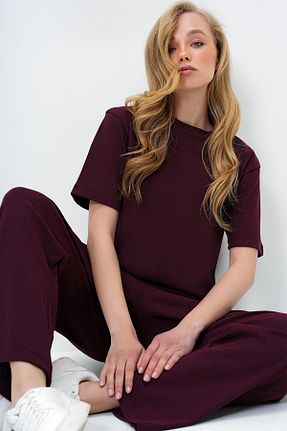 ست بالاتنه و پائین تنه زرشکی زنانه بافت Trend Alaçatı Stili - کد 929625030