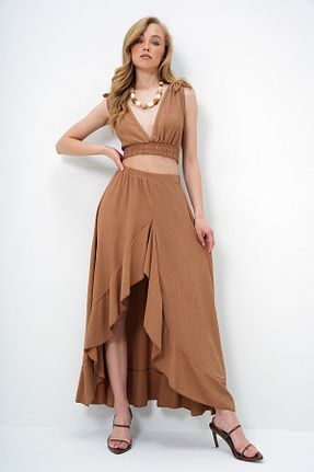 ست بالاتنه و پائین تنه قهوه ای زنانه بافت Trend Alaçatı Stili - کد 929619094