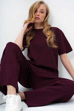 ست بالاتنه و پائین تنه زرشکی زنانه بافت Trend Alaçatı Stili - کد 929625030