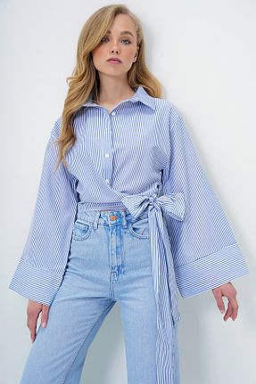 پیراهن آبی زنانه دو سینه Trend Alaçatı Stili - کد 929619067