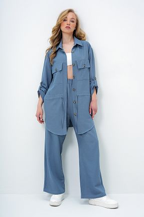ست بالاتنه و پائین تنه آبی زنانه بافتنی Trend Alaçatı Stili - کد 929625049