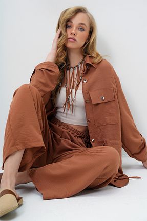 ست بالاتنه و پائین تنه قهوه ای زنانه بافتنی Trend Alaçatı Stili - کد 929619125