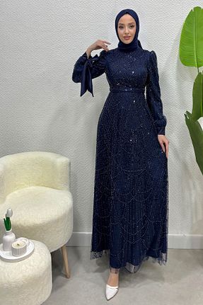 لباس مجلسی حجاب سرمه ای زنانه یقه دوچرخه Abiye Diyarı - کد 929859182
