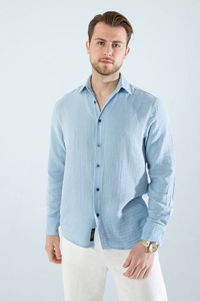 پیراهن آبی مردانه اسلیم فیت YXC - کد 824864320