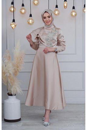 لباس مجلسی حجاب بژ زنانه یقه دوچرخه Ribas Collection - کد 843802301