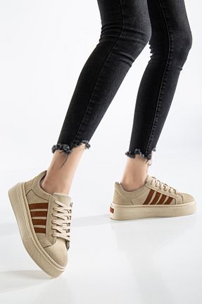 کفش اسنیکر بژ زنانه بند دار MY GROSS SHOES - کد 901595575