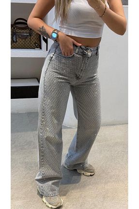 شلوار جین طوسی زنانه پاچه گشاد SEVİNÇ GÜNGÖR - کد 930043002