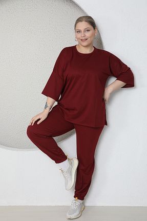 ست گرمکن سایز بزرگ زرشکی زنانه پنبه پلی استر FAMES PİJAMA - کد 927147699