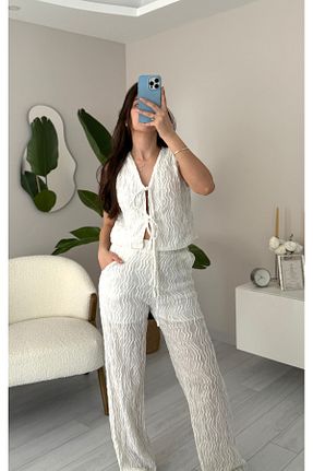 ست بالاتنه و پائین تنه سفید زنانه بافتنی La Nora - کد 930473427