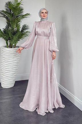 لباس مجلسی حجاب صورتی زنانه یقه دوچرخه MERVEN AKYÜZ - کد 930531390