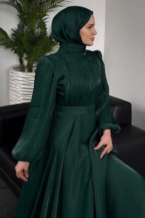 لباس مجلسی حجاب سبز زنانه یقه دوچرخه MERVEN AKYÜZ - کد 930531483