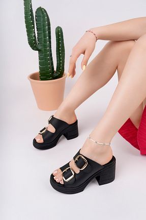 دمپائی مشکی زنانه چرم مصنوعی BAHRİNA - کد 930827943
