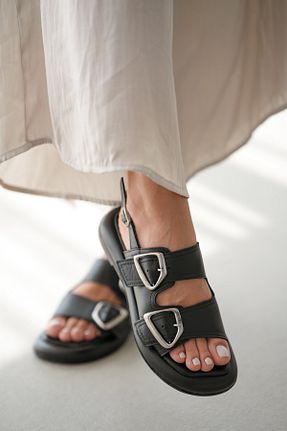 صندل مشکی زنانه پاشنه تخت selinshoes - کد 930813314