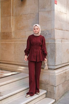 ست بالاتنه و پائین تنه زرشکی زنانه بافتنی LOCCO - کد 930930433