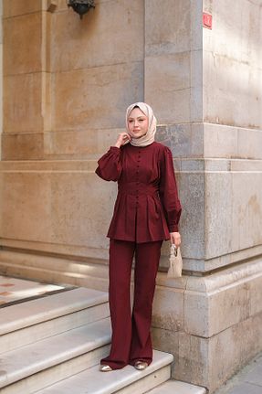 ست بالاتنه و پائین تنه زرشکی زنانه بافتنی LOCCO - کد 930930433