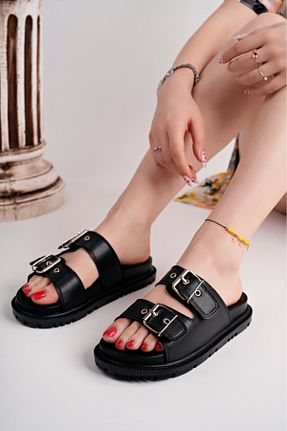 دمپائی مشکی زنانه چرم مصنوعی SH SİLVER MODA - کد 930981489