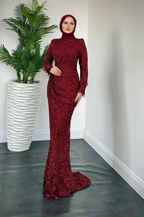لباس مجلسی حجاب زرشکی زنانه یقه ایستاده MERVEN AKYÜZ - کد 931052277