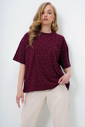 تیشرت زرشکی زنانه Relaxed Trend Alaçatı Stili - کد 930998250