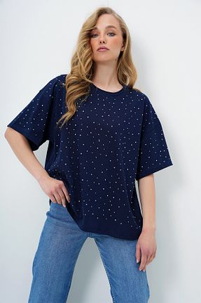 تیشرت سرمه ای زنانه Relaxed Trend Alaçatı Stili - کد 930998243