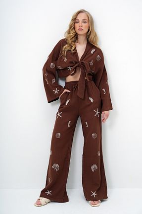 ست بالاتنه و پائین تنه قهوه ای زنانه بافتنی Trend Alaçatı Stili - کد 930998059