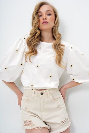 بلوز سفید زنانه ساده Trend Alaçatı Stili - کد 930998305