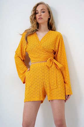 ست بالاتنه و پائین تنه زرد زنانه بافتنی Trend Alaçatı Stili - کد 930942520