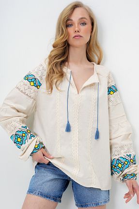 بلوز بژ زنانه چاپی Trend Alaçatı Stili - کد 930998235