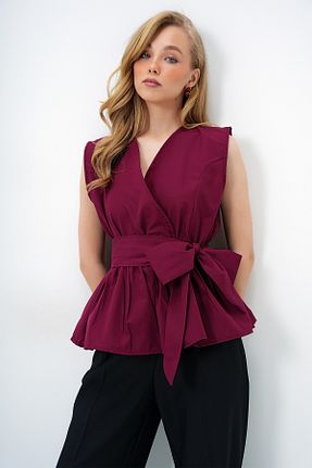 بلوز زرشکی زنانه ساده Trend Alaçatı Stili - کد 930942709