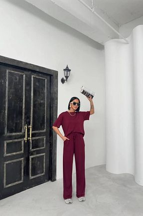 ست بالاتنه و پائین تنه زرشکی زنانه بافتنی MODAMİNEM - کد 929868192