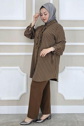 ست بالاتنه و پائین تنه حجاب قهوه ای زنانه سایز بزرگ PYS - کد 929889743