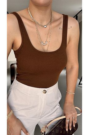 بلوز قهوه ای زنانه یقه U Sezgi Tekin - کد 929921746