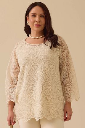 بلوز بژ زنانه یقه دانتل SEÇİL - کد 930064726