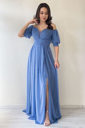 لباس مجلسی سایز بزرگ آبی زنانه یقه هفت Elbise Delisi - کد 930453354