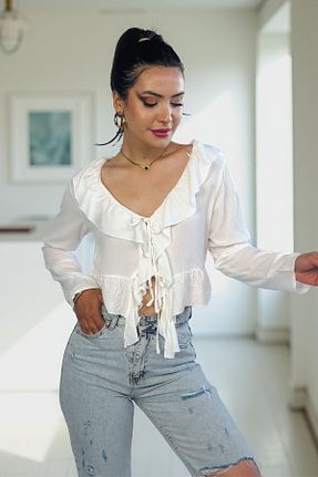بلوز سفید زنانه ساده Kübra Tekstil - کد 924361936