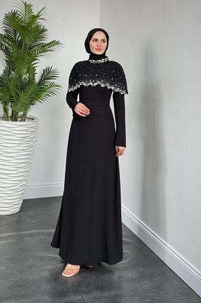 لباس مجلسی حجاب مشکی زنانه یقه ایستاده MERVEN AKYÜZ - کد 930531907