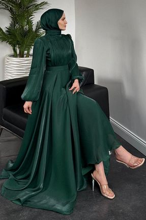 لباس مجلسی حجاب سبز زنانه یقه دوچرخه MERVEN AKYÜZ - کد 930531483