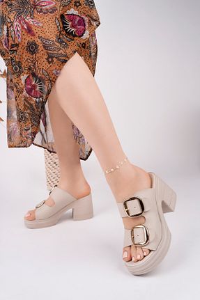 دمپائی بژ زنانه چرم مصنوعی BAHRİNA - کد 930828203
