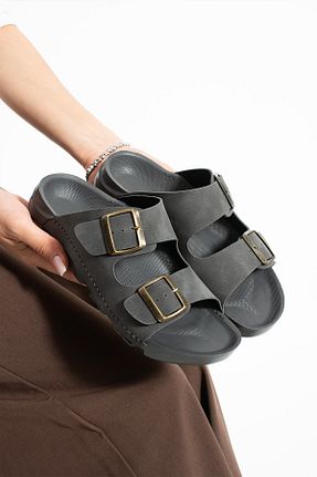 دمپائی طوسی زنانه چرم مصنوعی Moda Devrin - کد 928608006