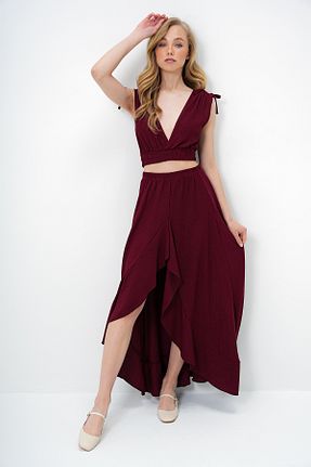 ست بالاتنه و پائین تنه زرشکی زنانه بافت Trend Alaçatı Stili - کد 929619085