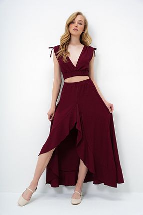 ست بالاتنه و پائین تنه زرشکی زنانه بافت Trend Alaçatı Stili - کد 929619085